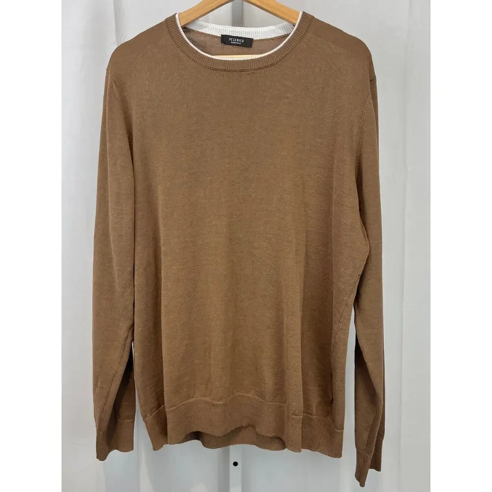 PESERICO Italy Maglia Tricot Knit Sweater Cotton Linen Crew Brown IT 52 US L XL